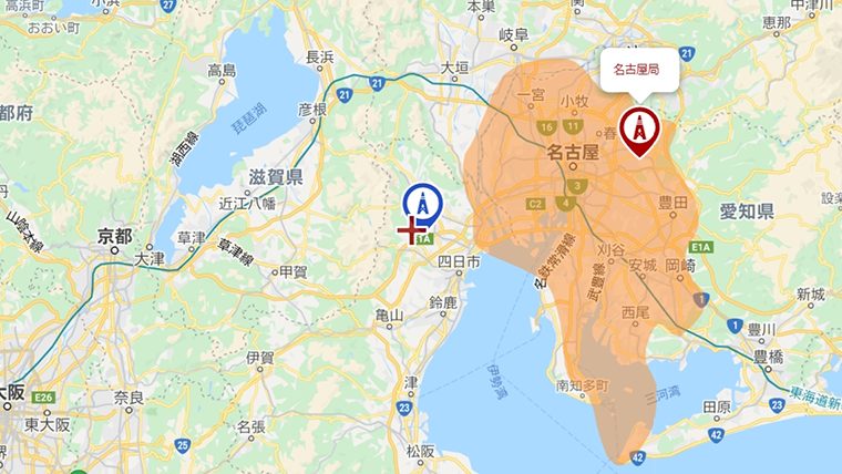 菰野町のテレビ愛知の電波の範囲